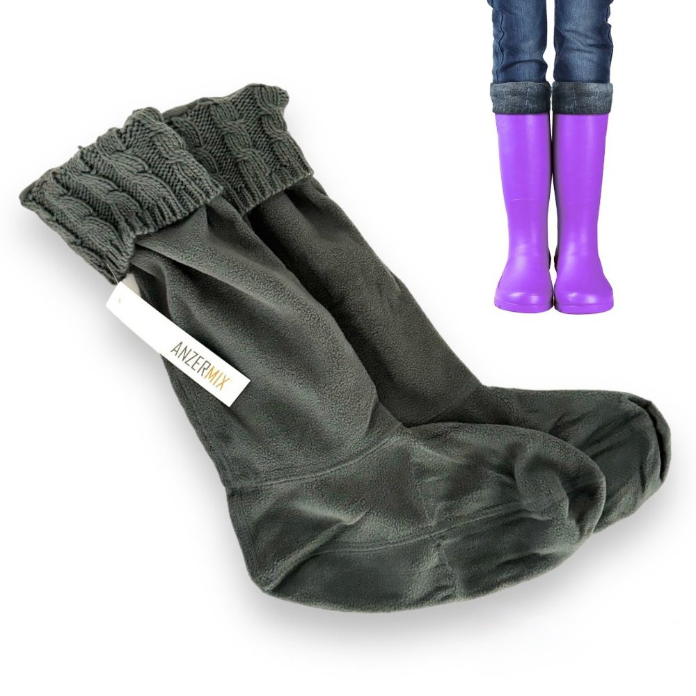 NWT Amazon Women's Fleece Cable Knitted Liners Rain Boot Socks, Grey, size M